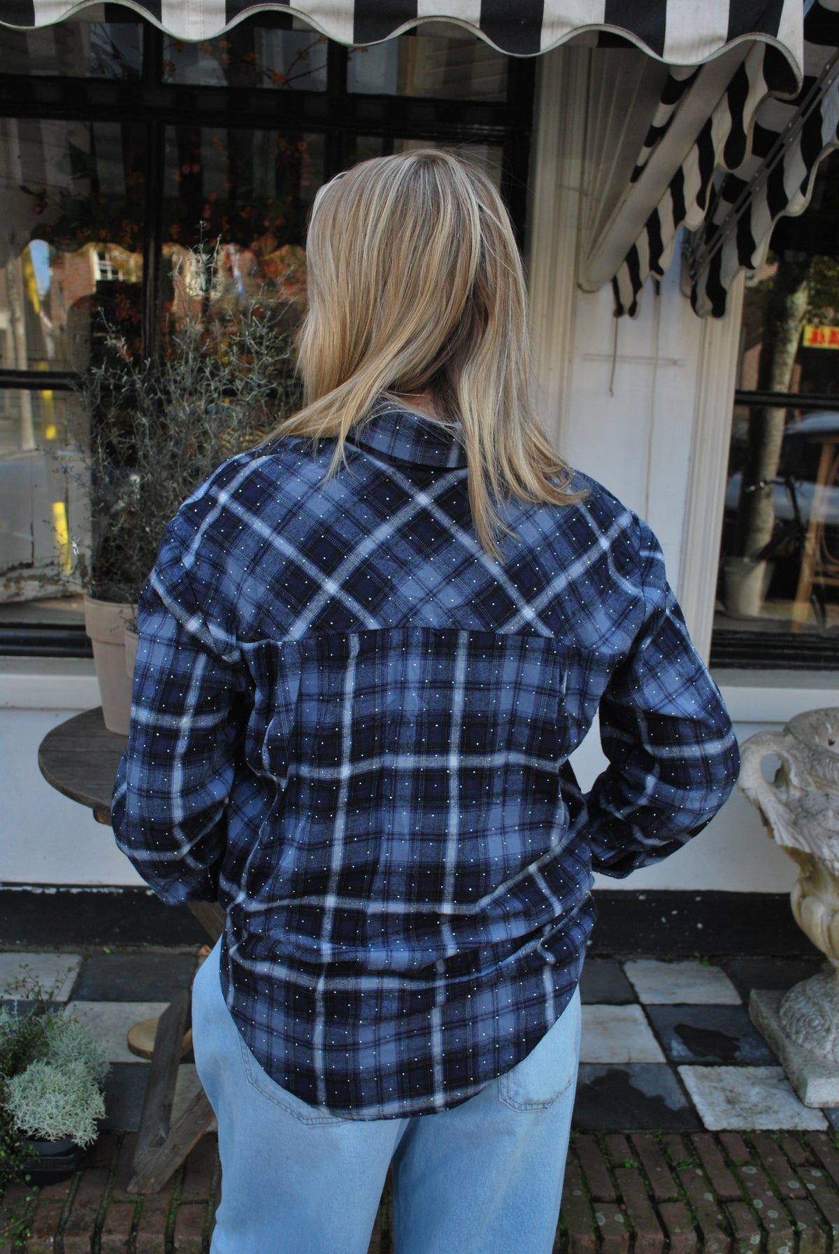 Maartje Geruite blouse met glitter – blauw