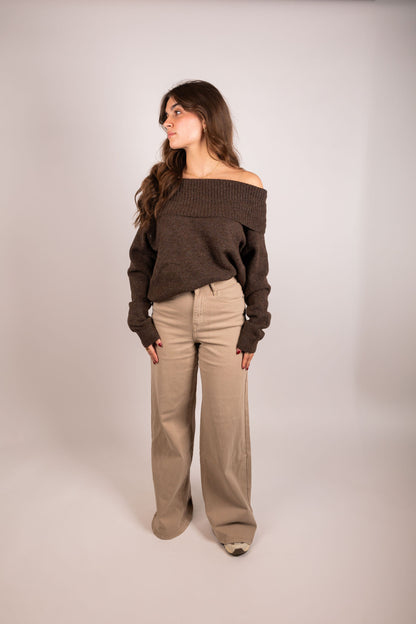 Tess Off-Shoulder Trui - Bruin